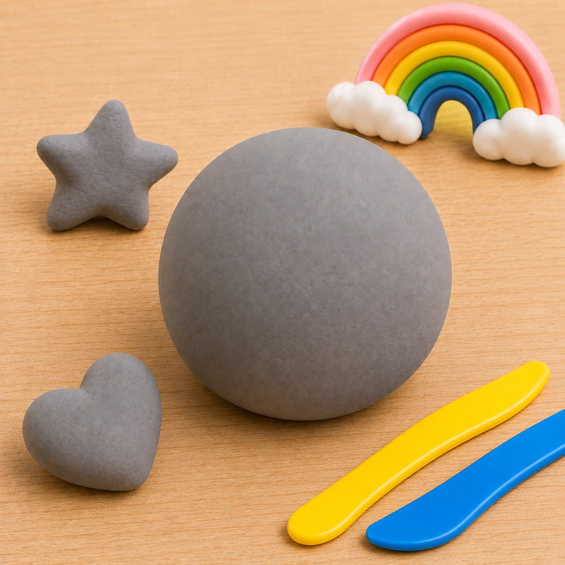 Grey CreativeClay formed into a smooth ball on a wooden craft table, accompanied by heart and star shaped clay pieces, colourful modelling tools and a rainbow decoration. The image highlights the clay's smooth texture, neutral grey colour and suitability for shaping detailed craft projects.