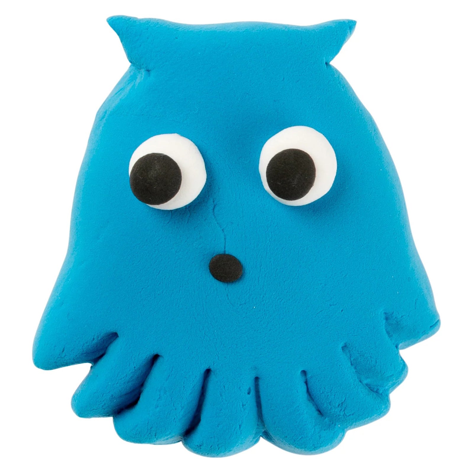 Finished blue character sculpture with expressive eyes displayed on a neutral background. The image demonstrates how CreativeClay can be shaped into detailed decorative figures and fun storytelling characters.
