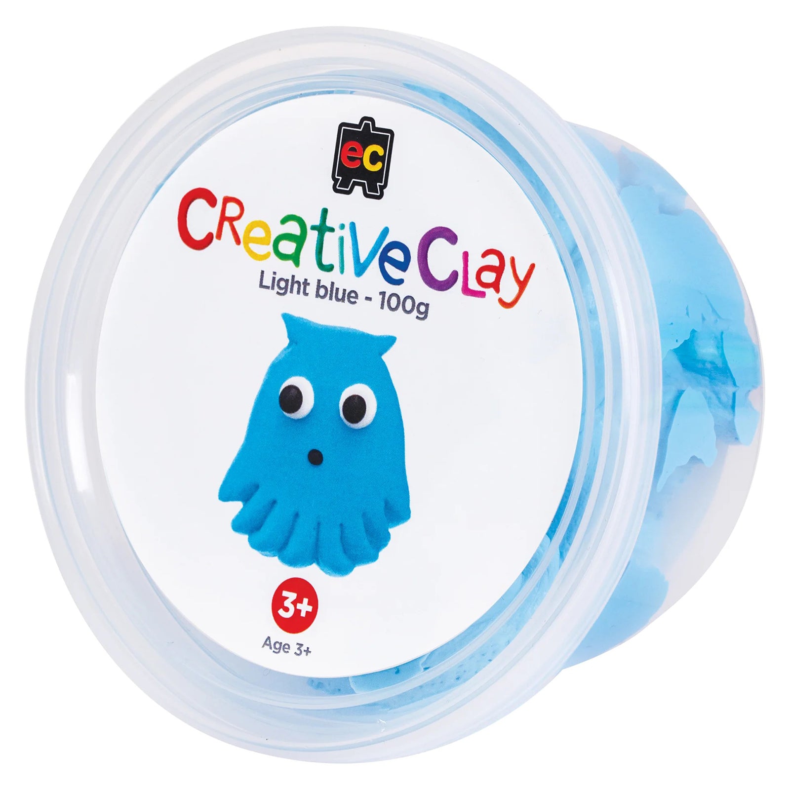 Educational Colours CreativeClay Light Blue 100g container shown on a white background with product branding and character illustration. The image clearly displays packaging details suitable for retail catalogues and online product listings.