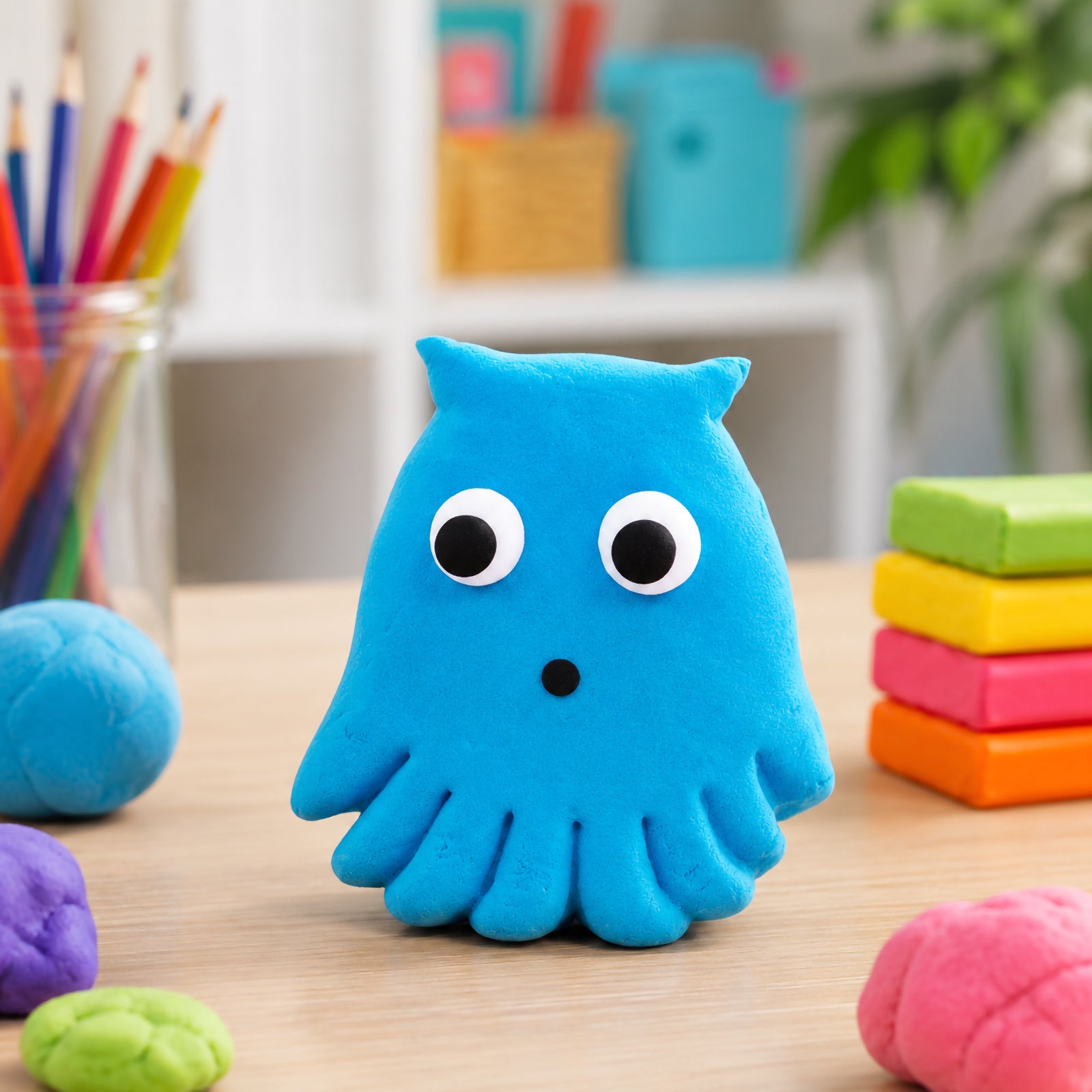 Bright blue character sculpture created from CreativeClay displayed on a craft table surrounded by colourful clay pieces and art supplies. The image demonstrates the clay's ability to hold shape and create playful three dimensional figures with smooth finishes.