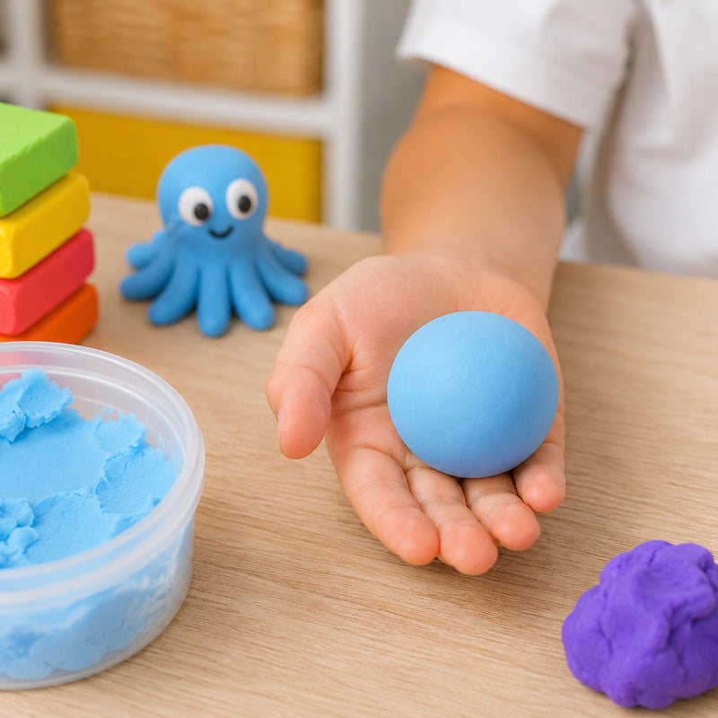 Child holding a smooth ball of light blue CreativeClay beside an open container of clay and colourful modelling projects. The image highlights the clay's soft texture, easy handling and suitability for sensory learning, creative play and early childhood art activities.