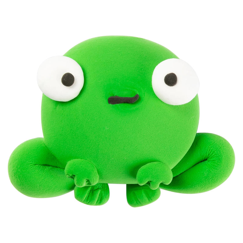 Close up of a finished frog sculpture made from light green CreativeClay on a white background. The image demonstrates sculpting detail, smooth finishing and character modelling capabilities.