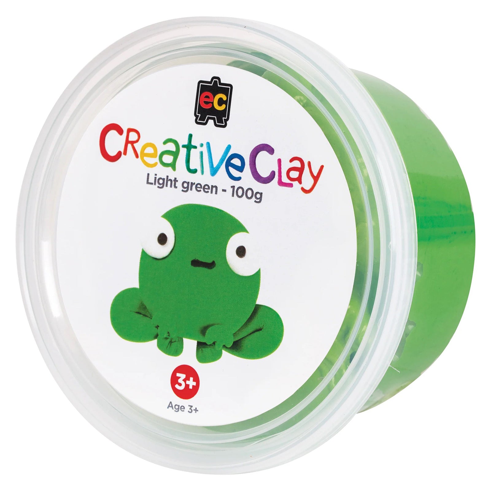 Product packaging for Educational Colours CreativeClay Light Green 100g shown on a white background with clear branding and frog illustration. The image provides a clean retail presentation suitable for online product listings.