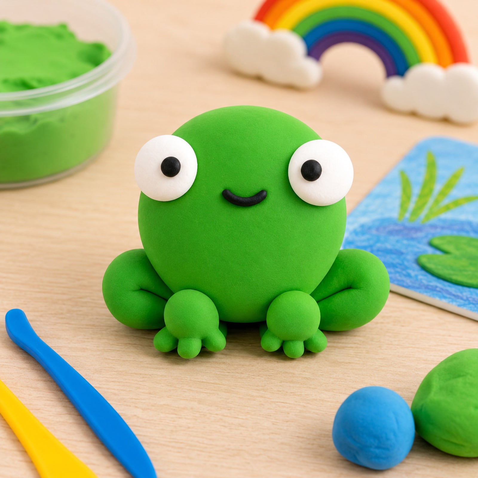 Cute frog sculpture crafted from light green CreativeClay sitting on a tabletop surrounded by modelling tools and colourful craft materials. The image demonstrates the clay's ability to hold shape while creating fun characters and imaginative designs.