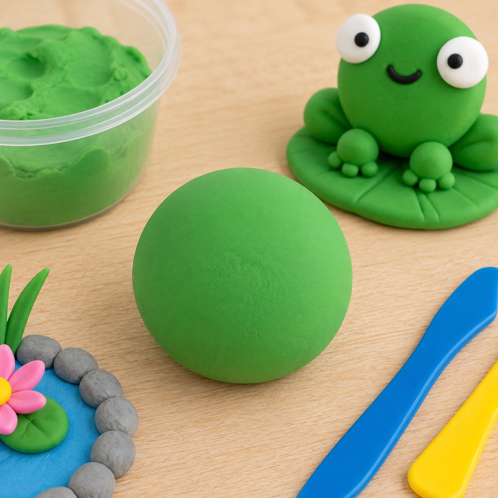 Smooth ball of light green CreativeClay displayed on a craft table beside a container of clay, modelling tools and a colourful frog themed scene. The image highlights the clay's soft texture, vibrant nature inspired colour and suitability for detailed sculpting projects.