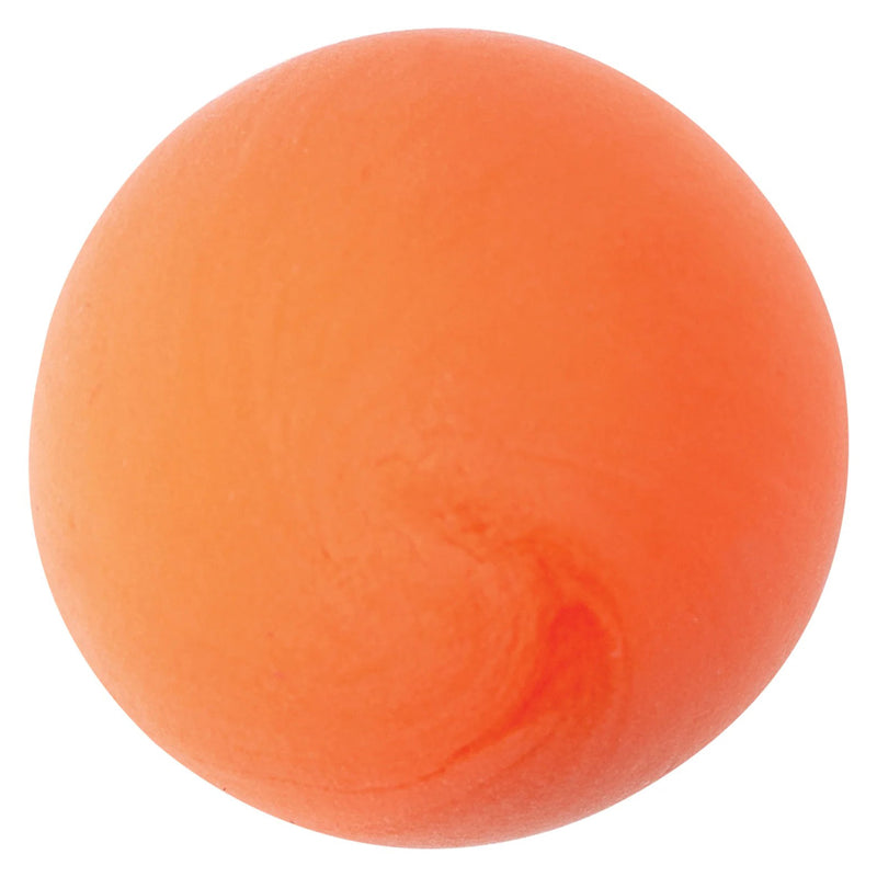 Close up studio image of a smooth orange ball of CreativeClay against a neutral background. The image emphasises the rich colour, soft consistency and mouldable texture of the air dry clay.