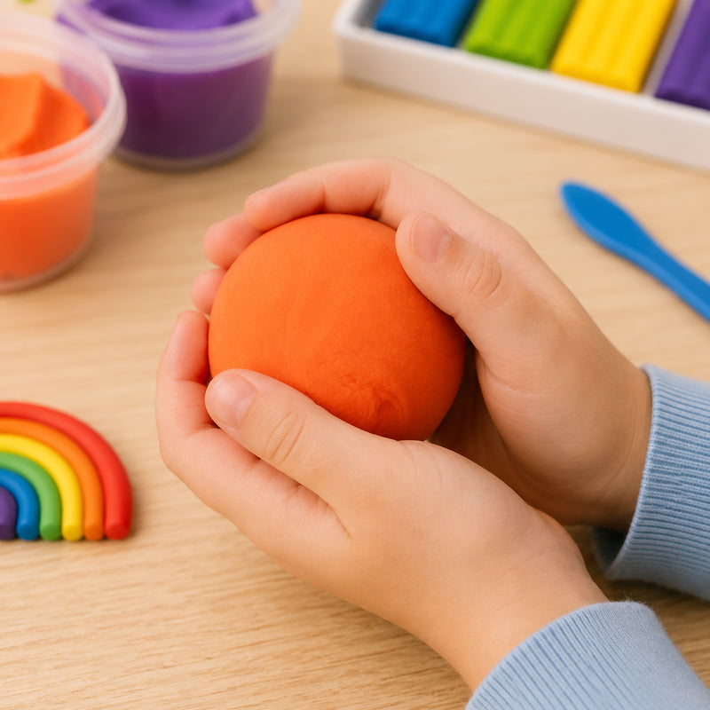 Child holding a smooth ball of bright orange CreativeClay while working at a craft table surrounded by colourful modelling materials and rainbow decorations. The image highlights the clay's soft texture, vibrant colour and suitability for hands on creative activities.