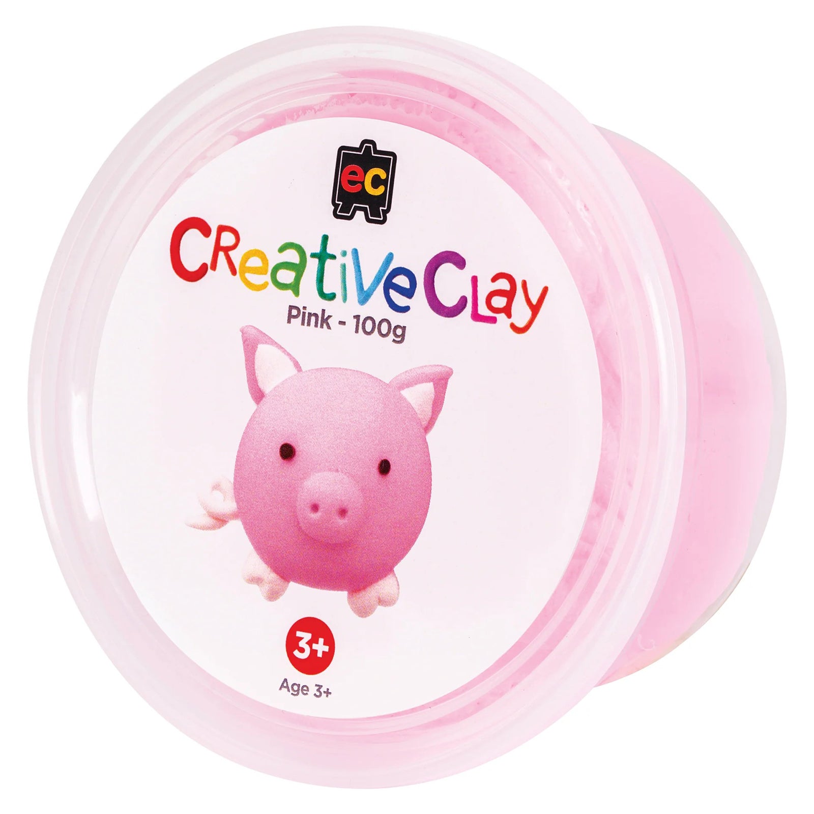 Retail packaging of Educational Colours CreativeClay Pink 100g featuring colourful branding and a pig themed project example. The image clearly presents the product for online catalogues and retail listings.