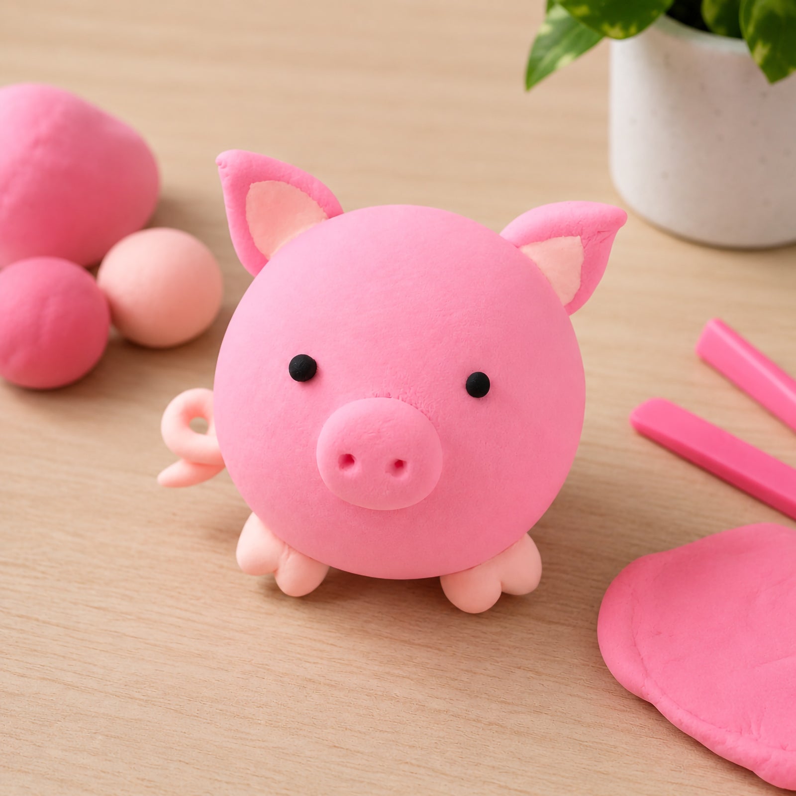 Adorable pig character sculpted from pink CreativeClay with detailed ears, snout and curled tail. The finished model demonstrates the clay's ability to hold shape and create charming animal themed creations.