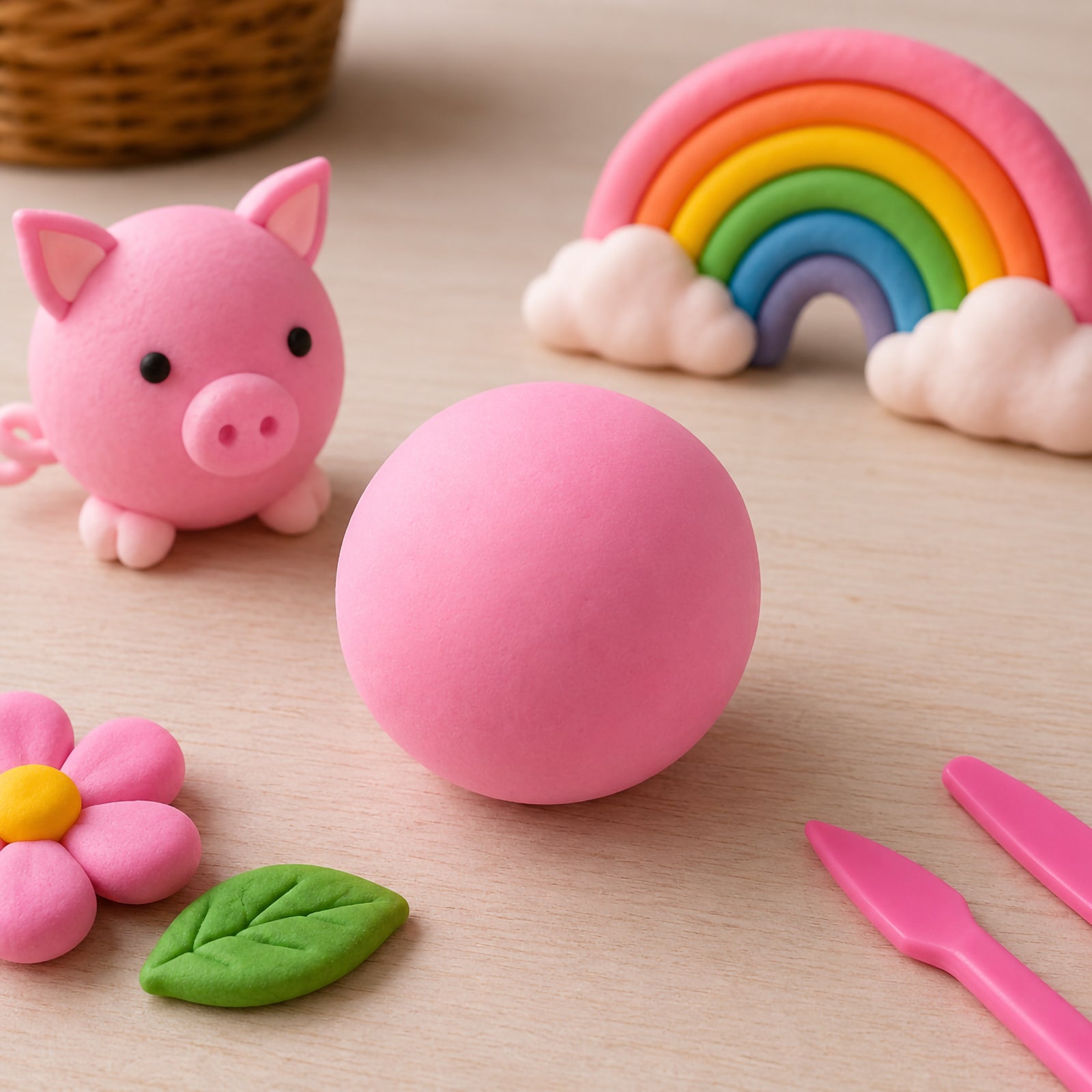 Smooth ball of pink CreativeClay displayed on a craft table beside a handmade flower, rainbow decoration and sculpting tools. The image highlights the soft texture, pastel pink colour and creative possibilities for imaginative modelling projects.