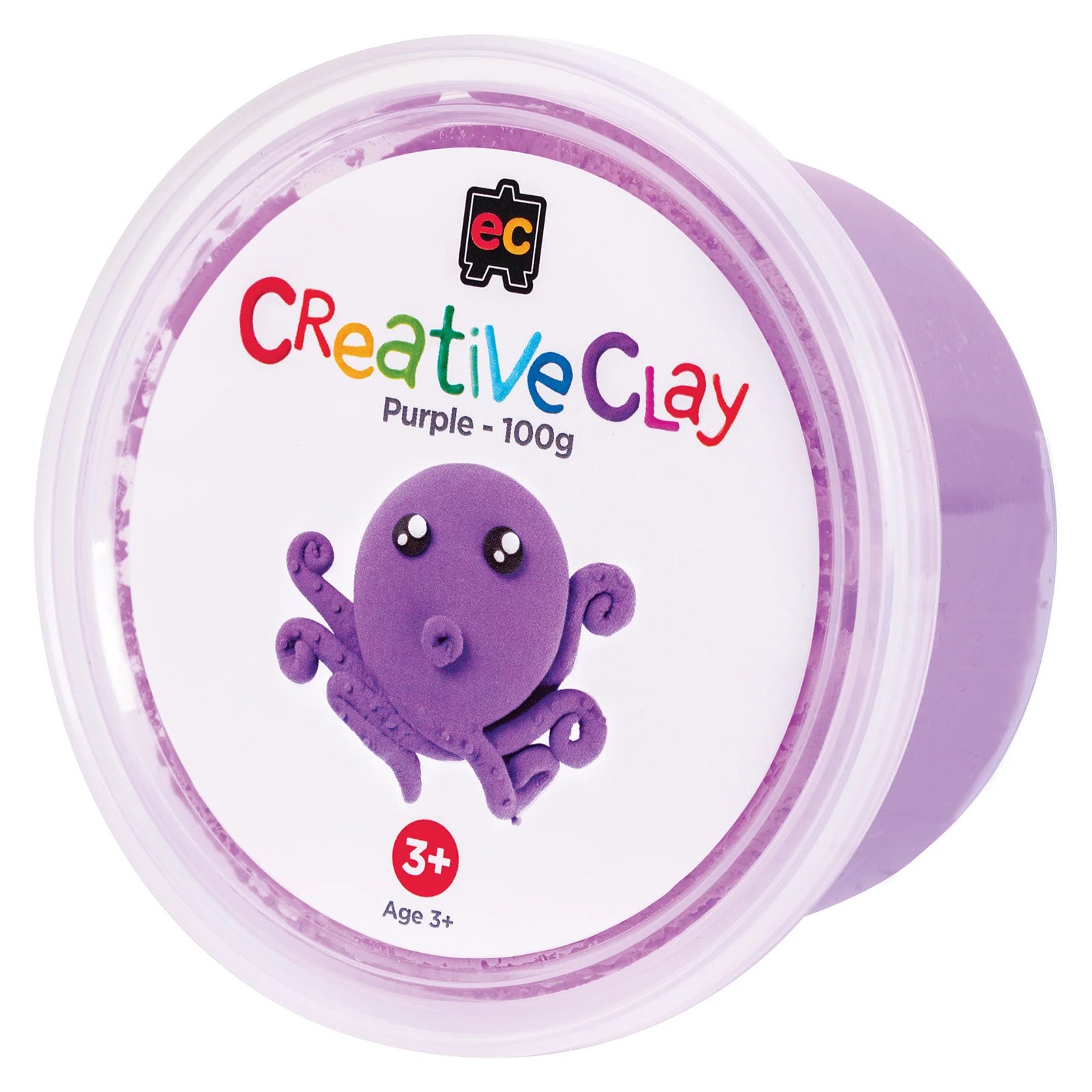 Retail packaging of Educational Colours CreativeClay Purple 100g featuring colourful branding and an octopus project example. The image clearly presents the product container and creative inspiration for crafting activities.