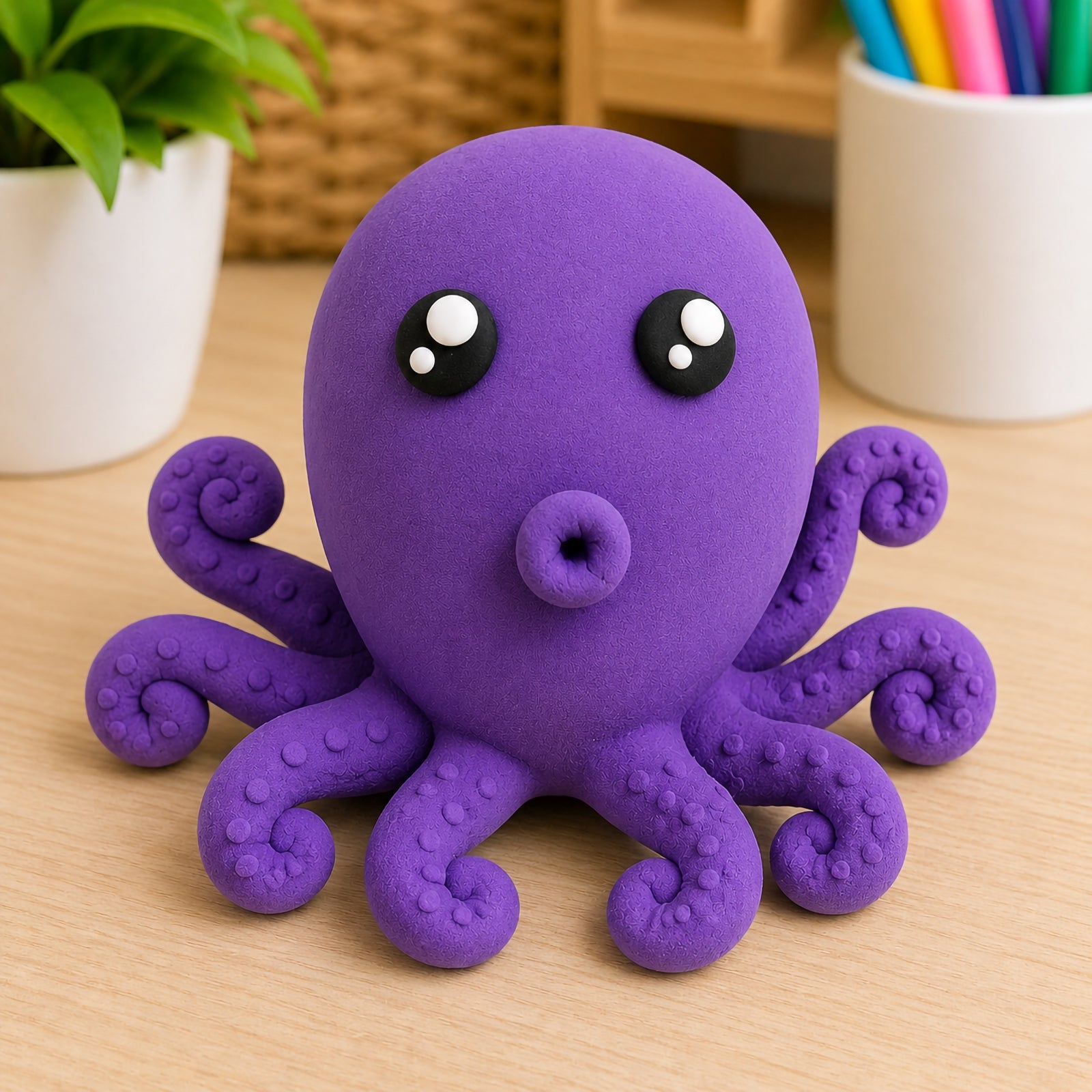 Detailed purple octopus sculpture created from CreativeClay, featuring curled tentacles and expressive eyes. The image demonstrates the clay's ability to hold intricate shapes and fine details for creative character building.