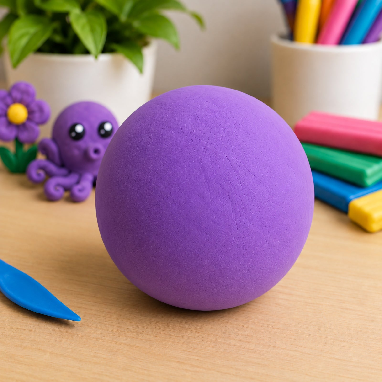Purple CreativeClay formed into a smooth ball on a craft table surrounded by colourful modelling tools and a small decorative octopus. The image highlights the clay's rich purple colour, smooth texture and suitability for imaginative modelling projects.
