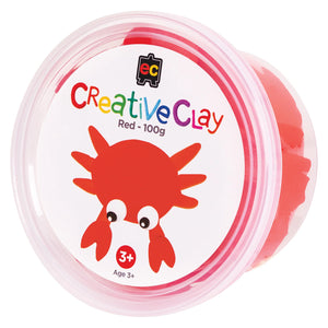 Retail packaging of Educational Colours CreativeClay Red 100g featuring colourful branding and a crab project example. The image clearly presents the product container and project inspiration for young creators.