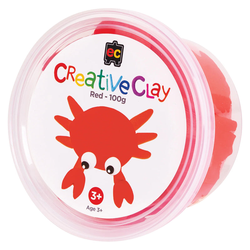 Retail packaging of Educational Colours CreativeClay Red 100g featuring colourful branding and a crab project example. The image clearly presents the product container and project inspiration for young creators.