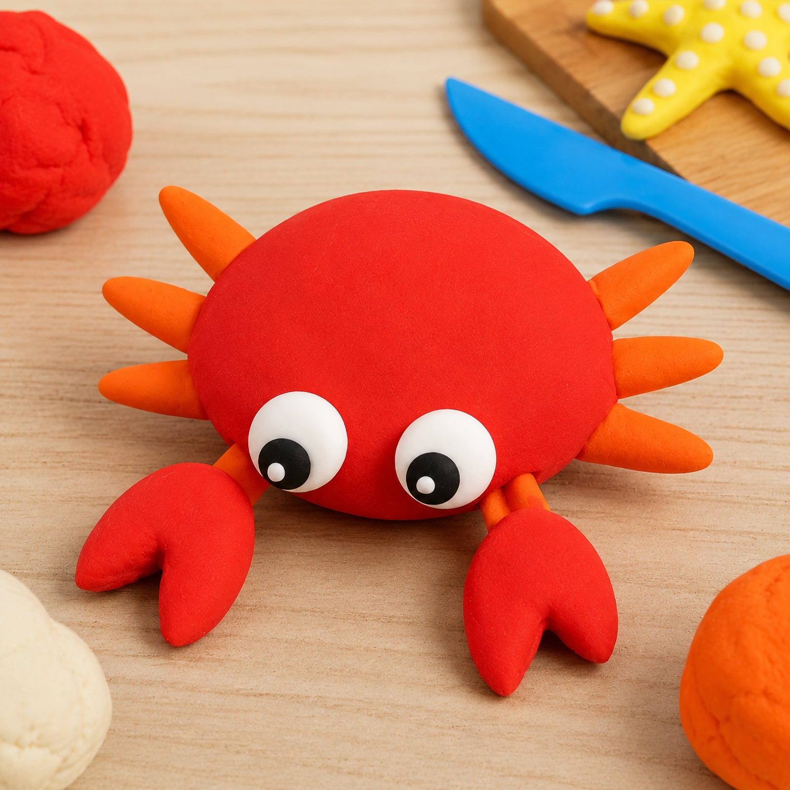 Detailed red crab sculpture created from CreativeClay featuring large eyes, claws and textured legs. The image demonstrates the clay's ability to hold shape and support imaginative ocean themed craft projects.