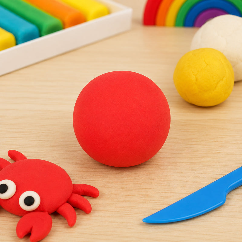 Bright red CreativeClay rolled into a smooth ball on a craft table with modelling tools, colourful clay sticks and a small crab model nearby. The image highlights the vibrant colour, smooth texture and creative possibilities of the air dry modelling clay.