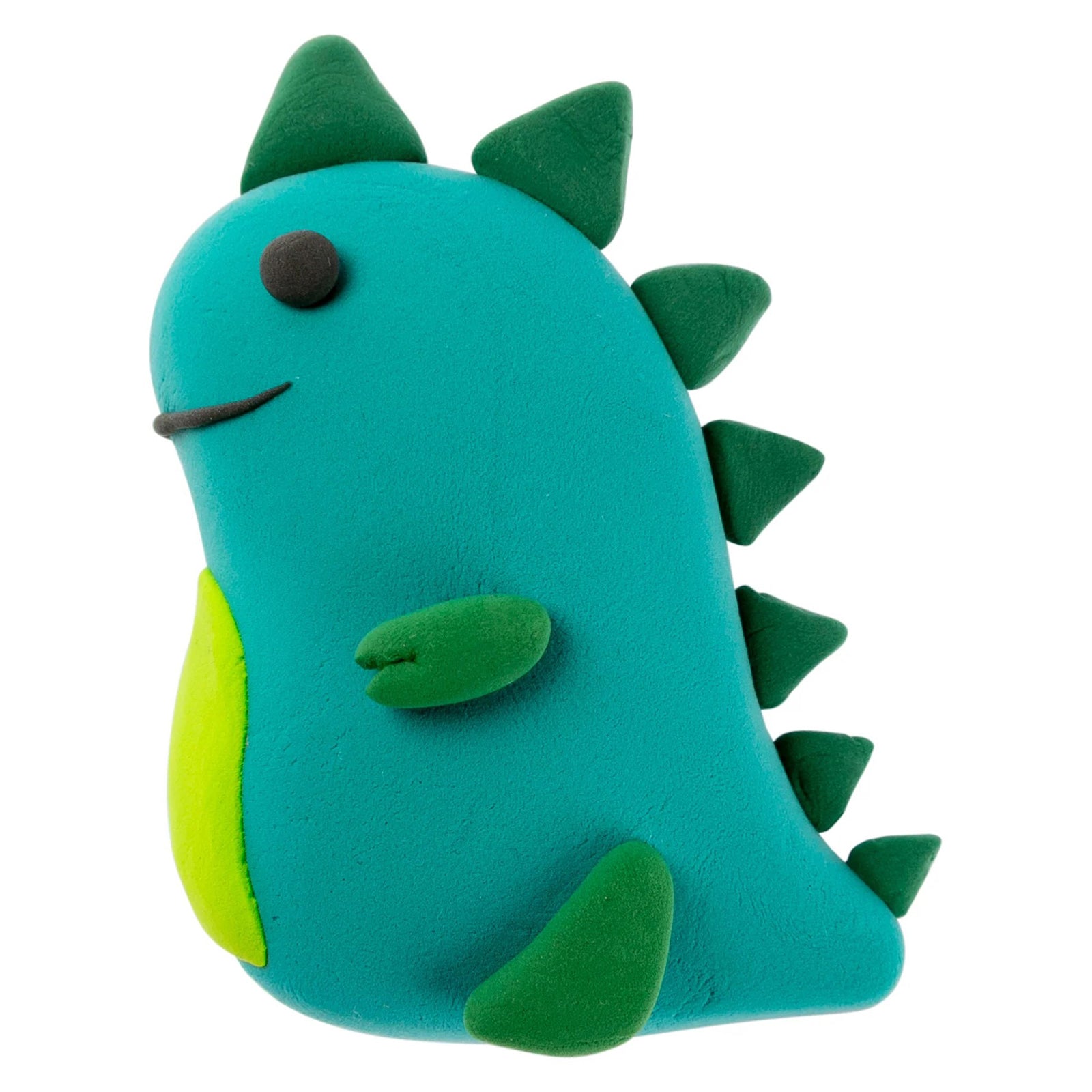Finished turquoise dinosaur sculpture with green accents isolated on a white background, highlighting sculpted details, smooth finish and the lightweight nature of the completed model.