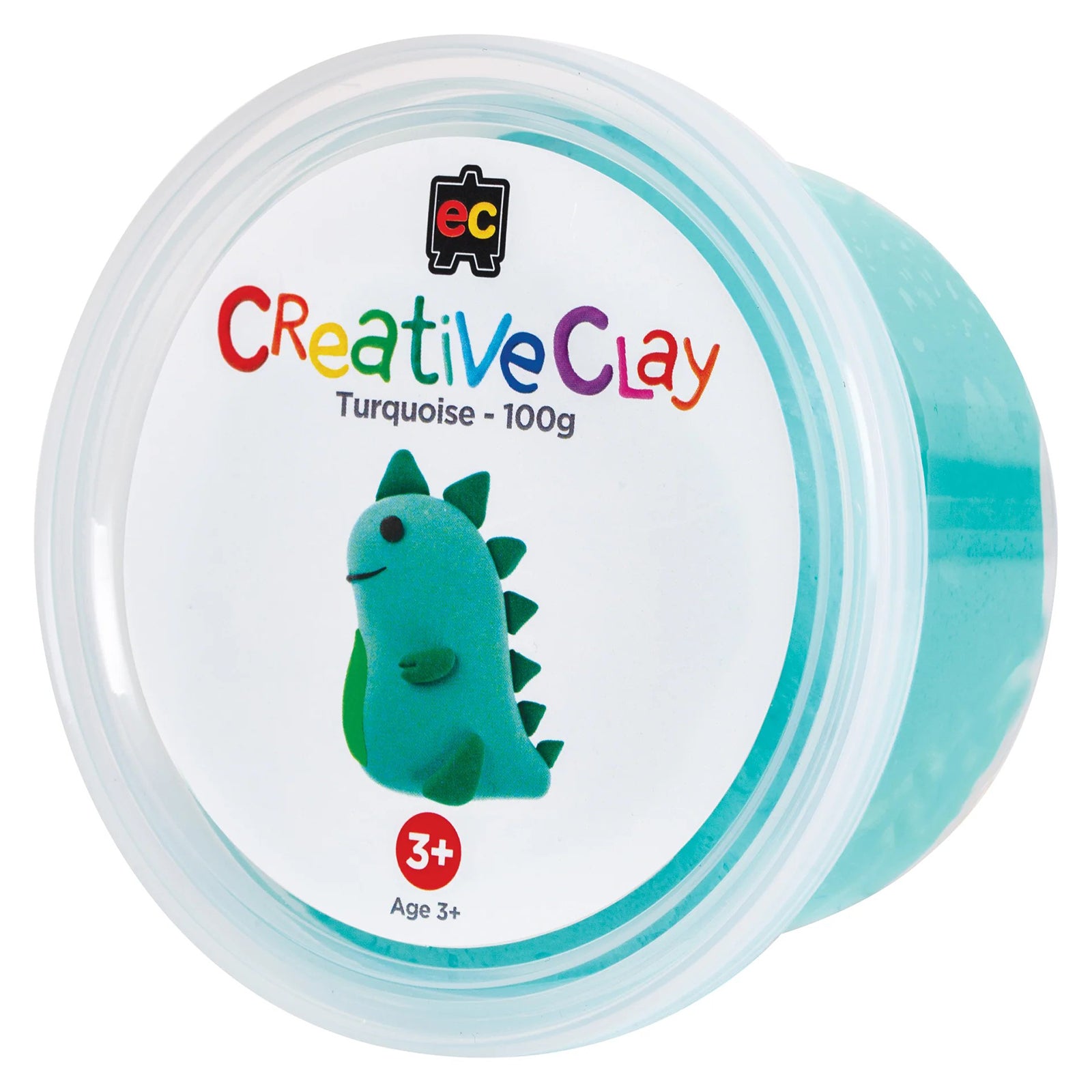Educational Colours CreativeClay Turquoise 100g packaging shown against a clean background featuring a dinosaur project example and colourful branding. The image clearly presents the product container and intended creative use.