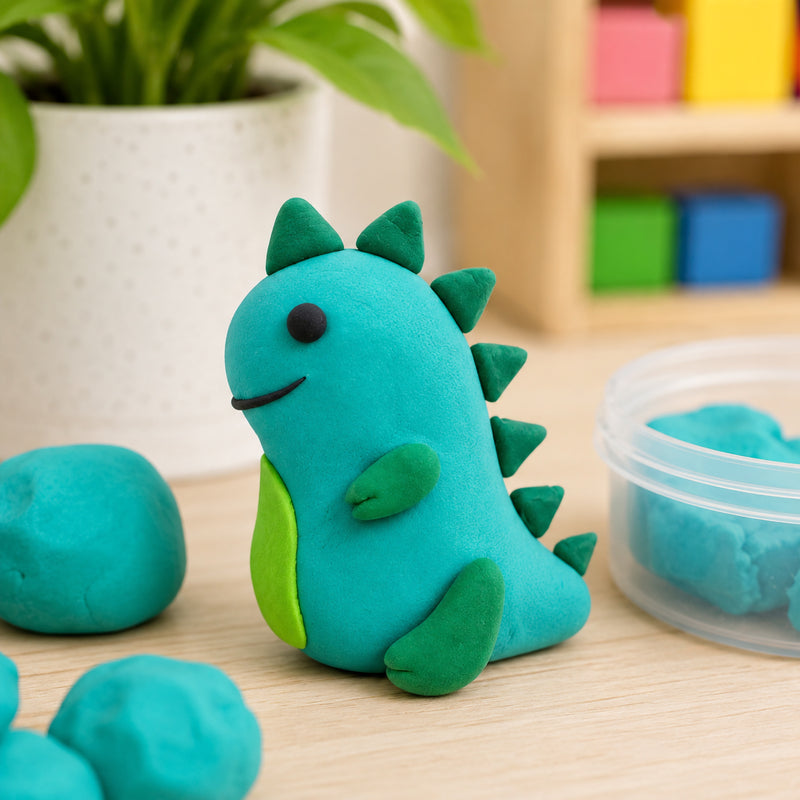 Turquoise dinosaur figure sculpted from CreativeClay with green details and textured spikes displayed on a tabletop. The model demonstrates the clay's ability to hold detailed shapes and support imaginative creature themed creations.