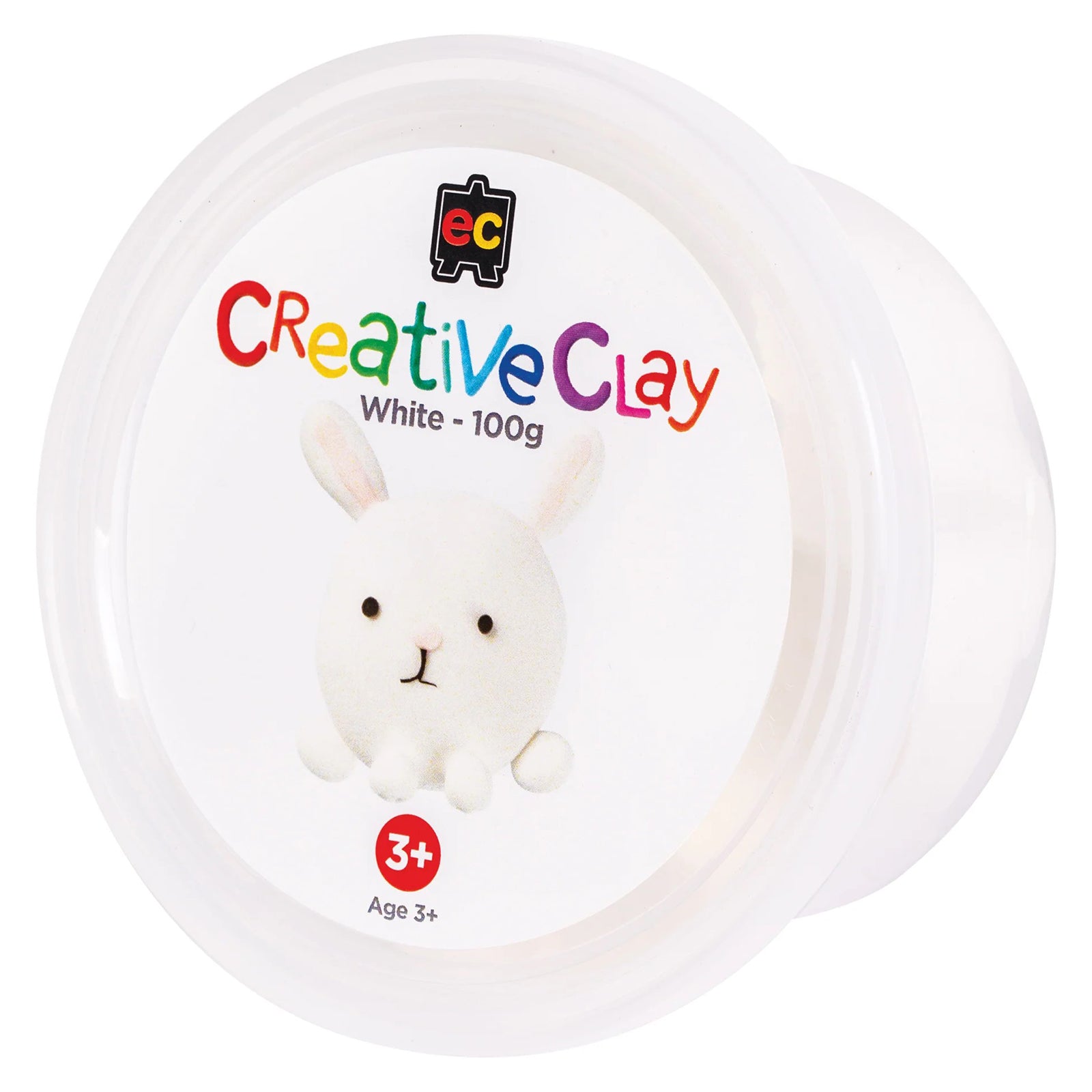 Educational Colours CreativeClay White 100g packaging shown on a plain background featuring rabbit project artwork and product branding. The image clearly presents the container design and intended creative application.