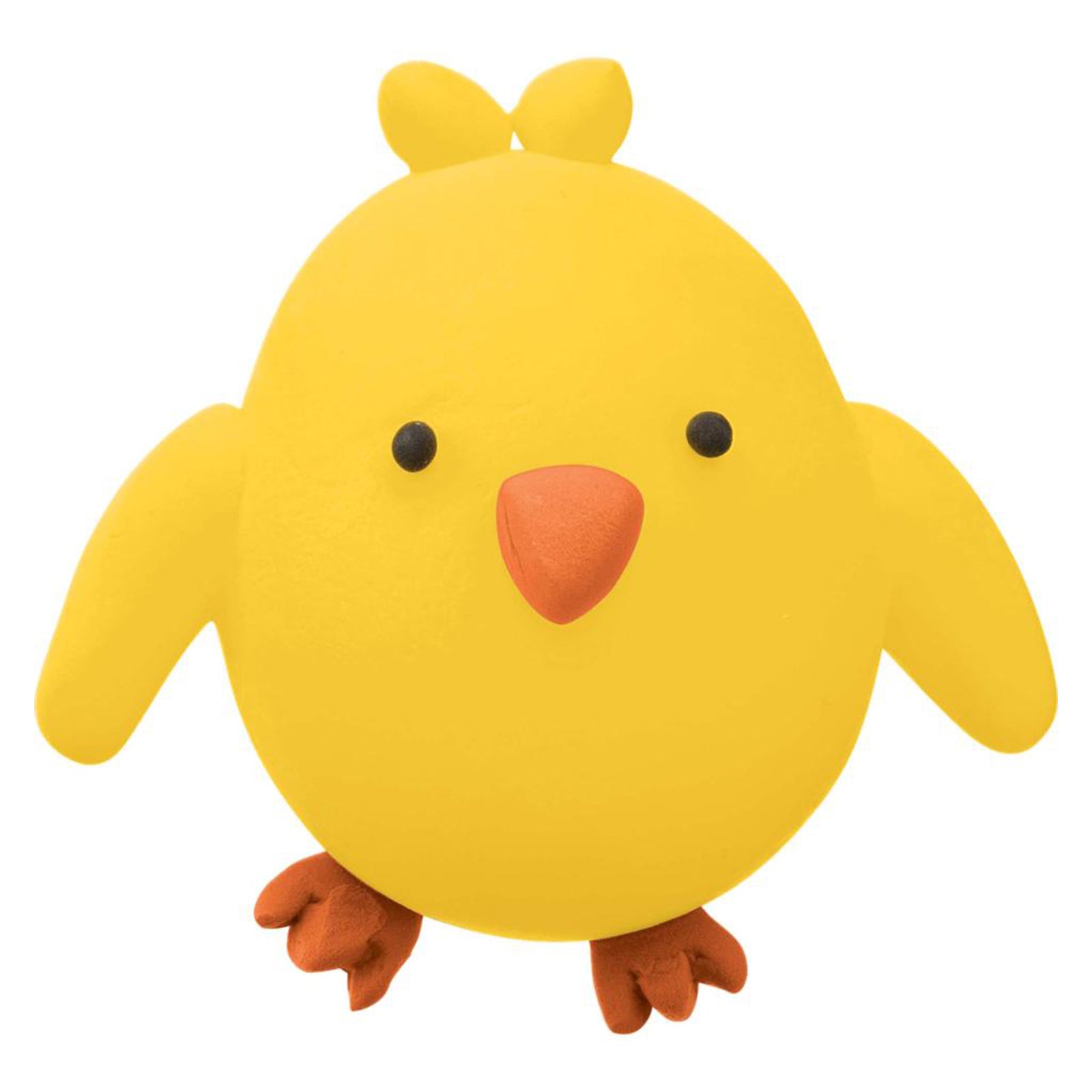 Close up of a completed yellow chick sculpture isolated on a neutral background, highlighting the fine detail, smooth finish and vibrant appearance achievable with CreativeClay.