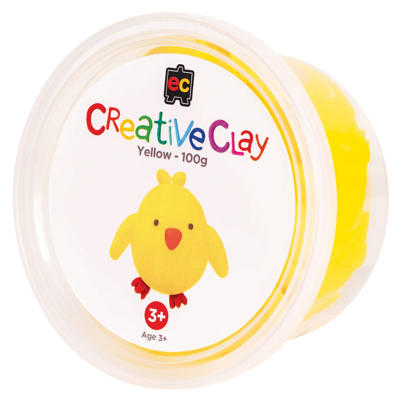Educational Colours CreativeClay Yellow 100g container shown on a plain background featuring chick project artwork and product branding. The image clearly presents the packaging design and intended creative application.