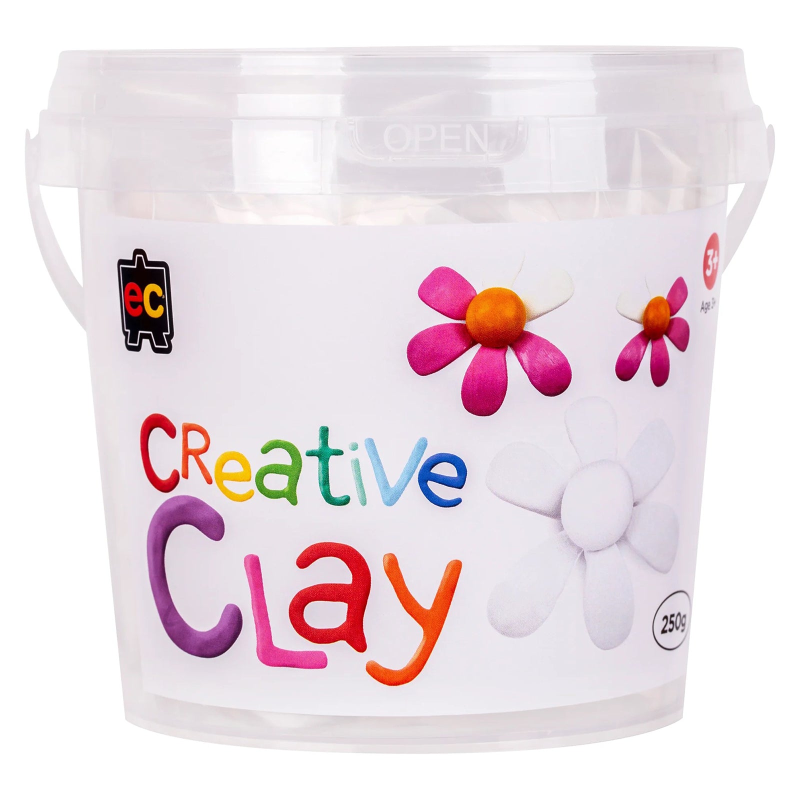 Studio product image of the Educational Colours CreativeClay White 250g container on a plain background. The packaging artwork features colourful clay lettering and floral designs, clearly presenting the product size, branding and creative purpose.