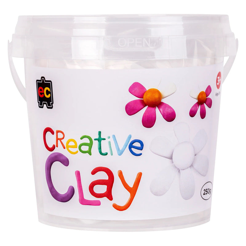 Studio product image of the Educational Colours CreativeClay White 250g container on a plain background. The packaging artwork features colourful clay lettering and floral designs, clearly presenting the product size, branding and creative purpose.