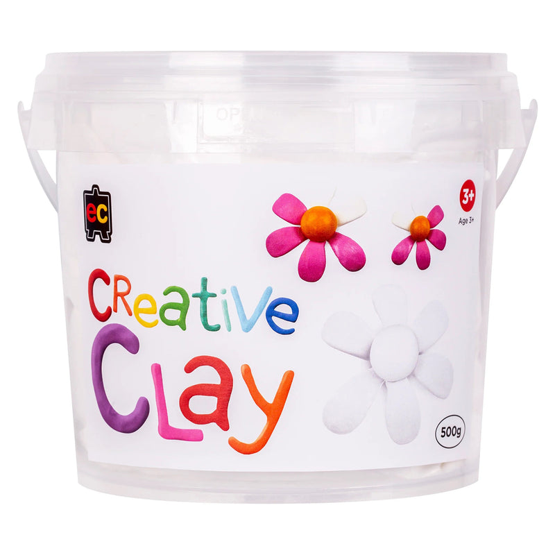 Studio product image of the Educational Colours CreativeClay White 500g container against a plain background. The packaging clearly displays the product branding, weight and creative application, making it suitable for retail, educational and craft supply catalogues.