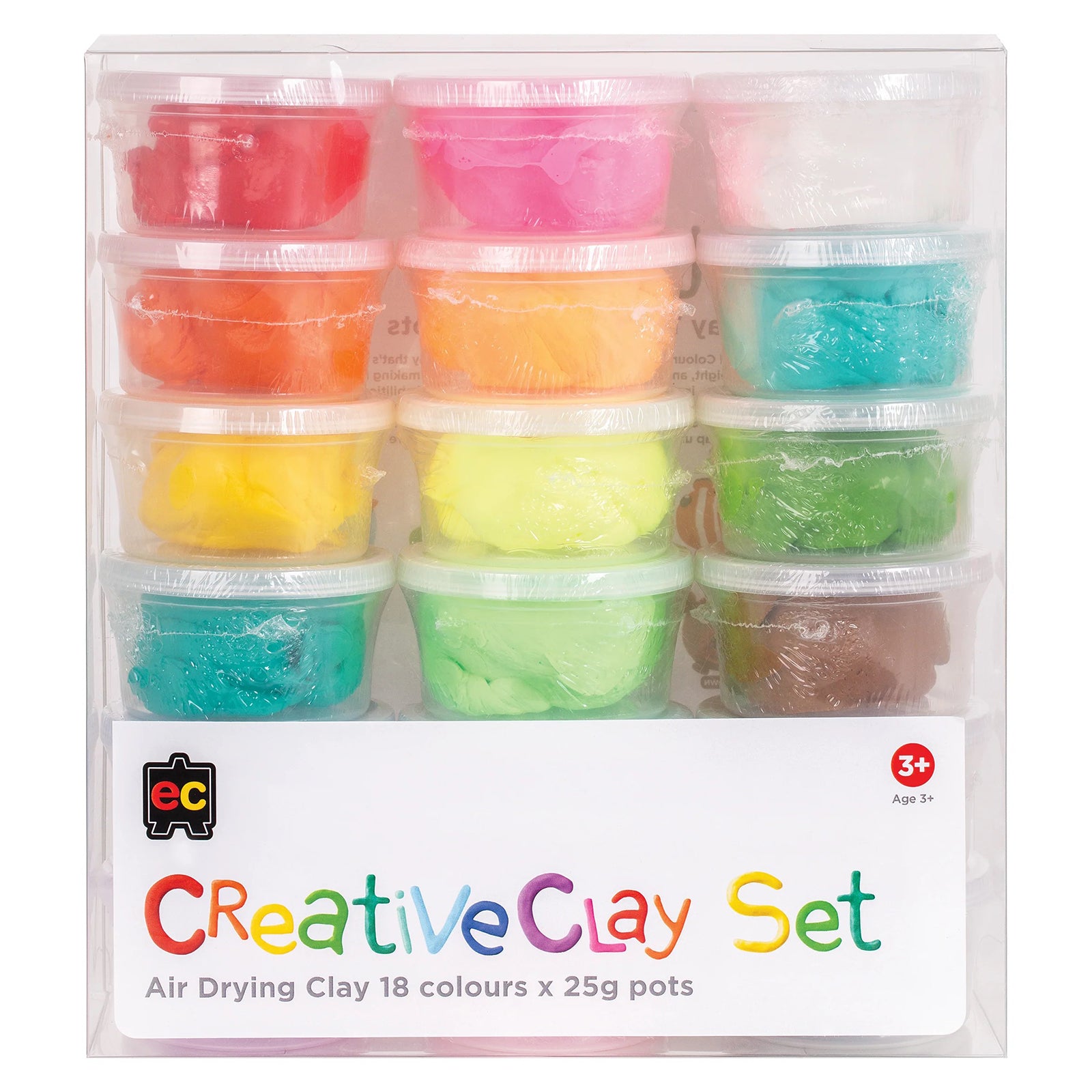 Retail packaging of Educational Colours CreativeClay Air Dry Clay Set containing 18 individual 25g colour pots. The packaging clearly displays the assorted colour selection and convenient storage format, making it ideal for organised creative activities and group learning environments.