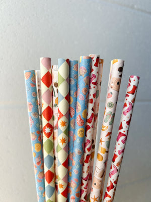 Handful of Creative Cafe Co 8mm jumbo printed paper straws in mixed colourful patterns