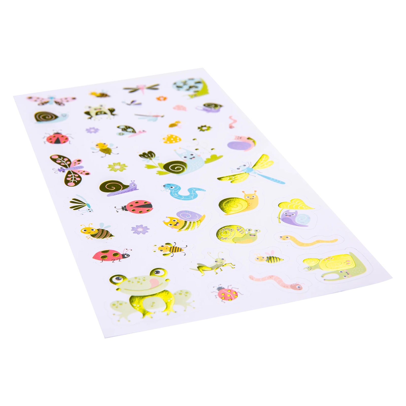 Angled view of the complete Creepy Crawly Crew sticker sheet displaying a collection of insects, snails, frogs, worms and butterflies. The metallic foil accents reflect light, highlighting the decorative finish and variety of characters included.