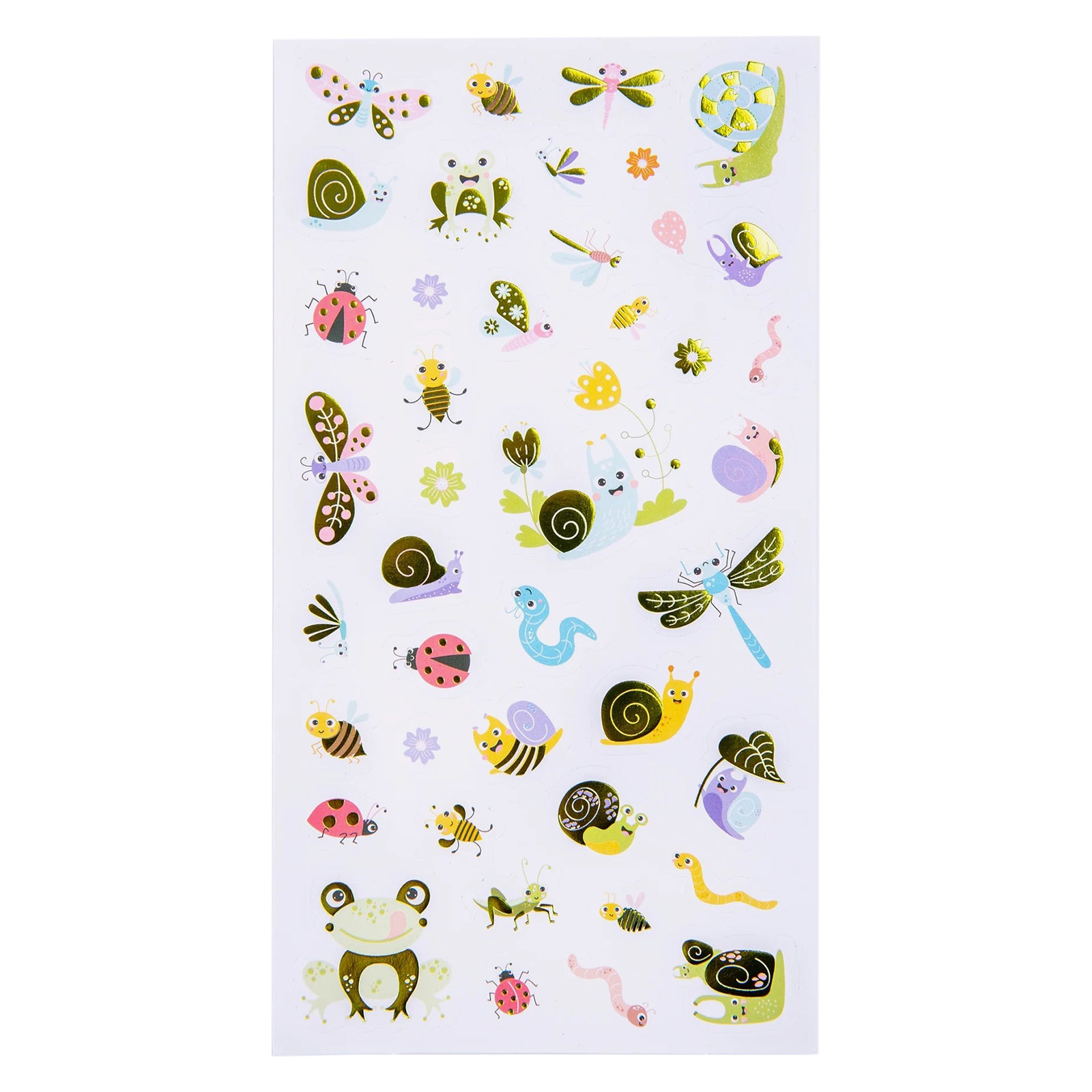 Full front view of the sticker sheet showing all 41 garden themed stickers arranged on a white backing sheet. Friendly nature characters, flowers and crawling creatures create an engaging collection for children's craft and educational projects.