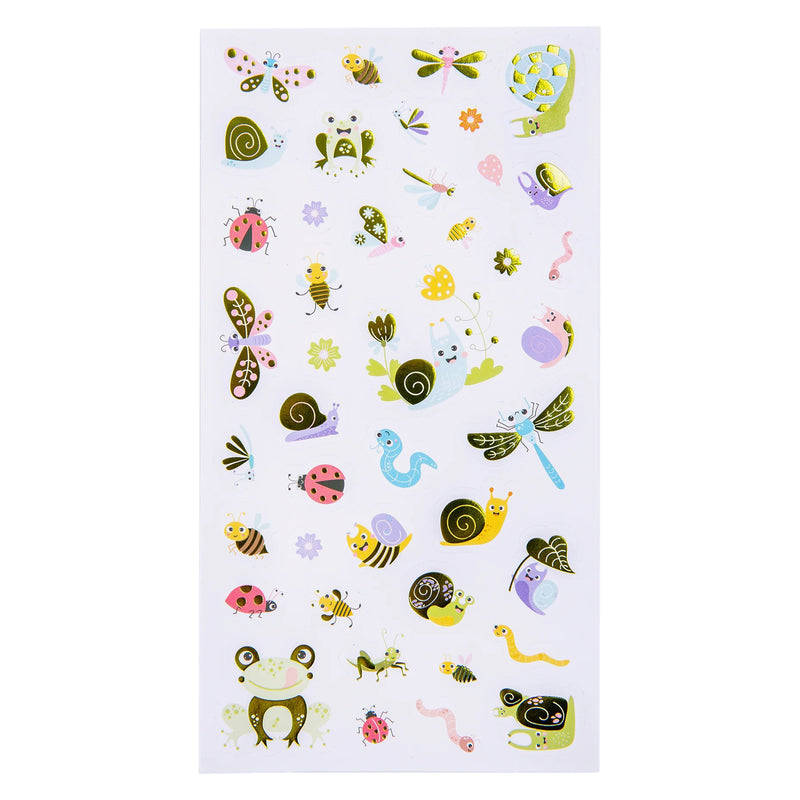 Full front view of the sticker sheet showing all 41 garden themed stickers arranged on a white backing sheet. Friendly nature characters, flowers and crawling creatures create an engaging collection for children's craft and educational projects.