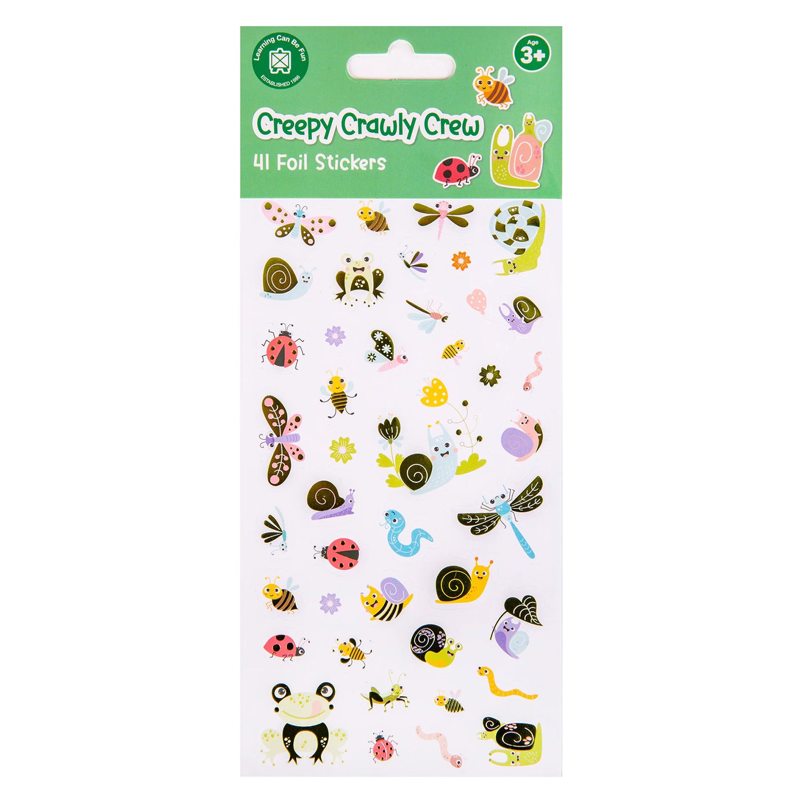 Retail packaging of the Creepy Crawly Crew Foil Stickers set featuring Learning Can Be Fun branding, age suitability information and a preview of the colourful foil accented garden creature stickers contained within the pack.