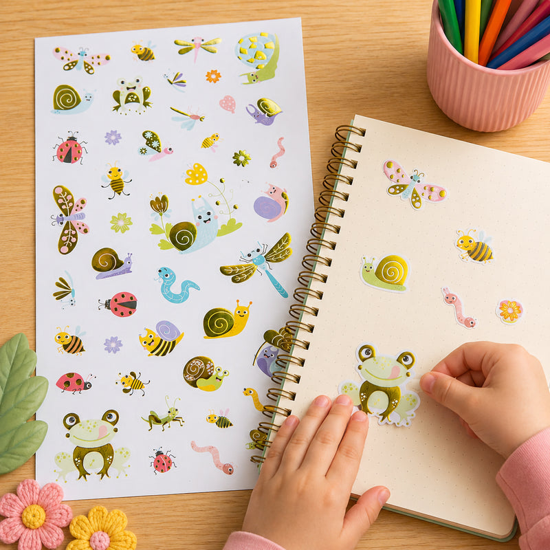 Young child applying a large frog sticker to a notebook page while the full sticker sheet sits alongside. The image showcases the bright pastel colours, reflective foil details and easy to use sticker format suitable for creative activities.