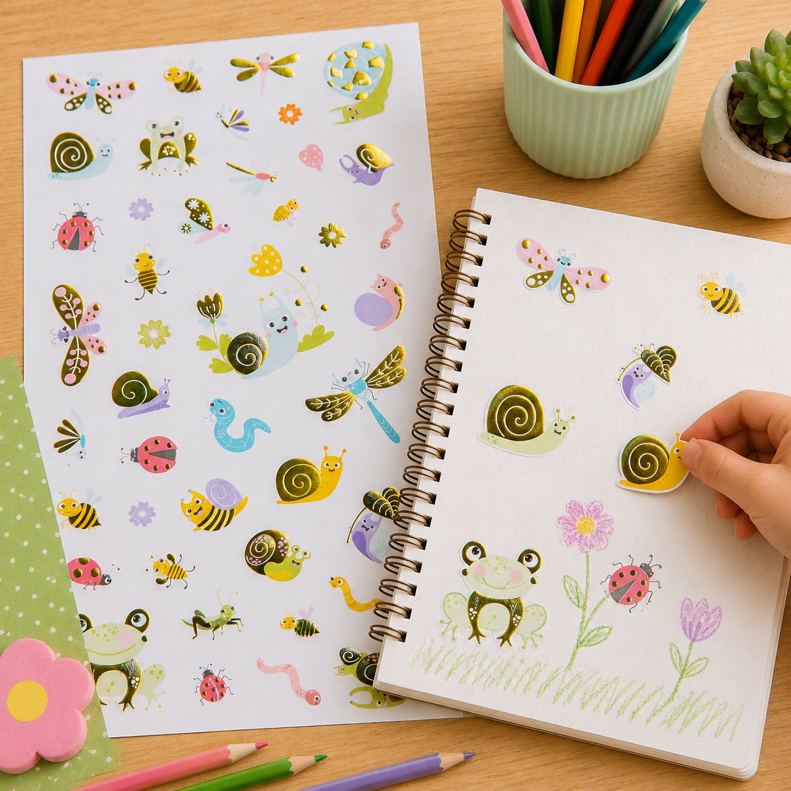 Creative garden themed artwork enhanced with Creepy Crawly Crew foil stickers. Friendly snails, bees and insects are placed around a hand drawn floral scene in a sketchbook, demonstrating how the stickers add colour, texture and playful storytelling elements to children's craft projects.