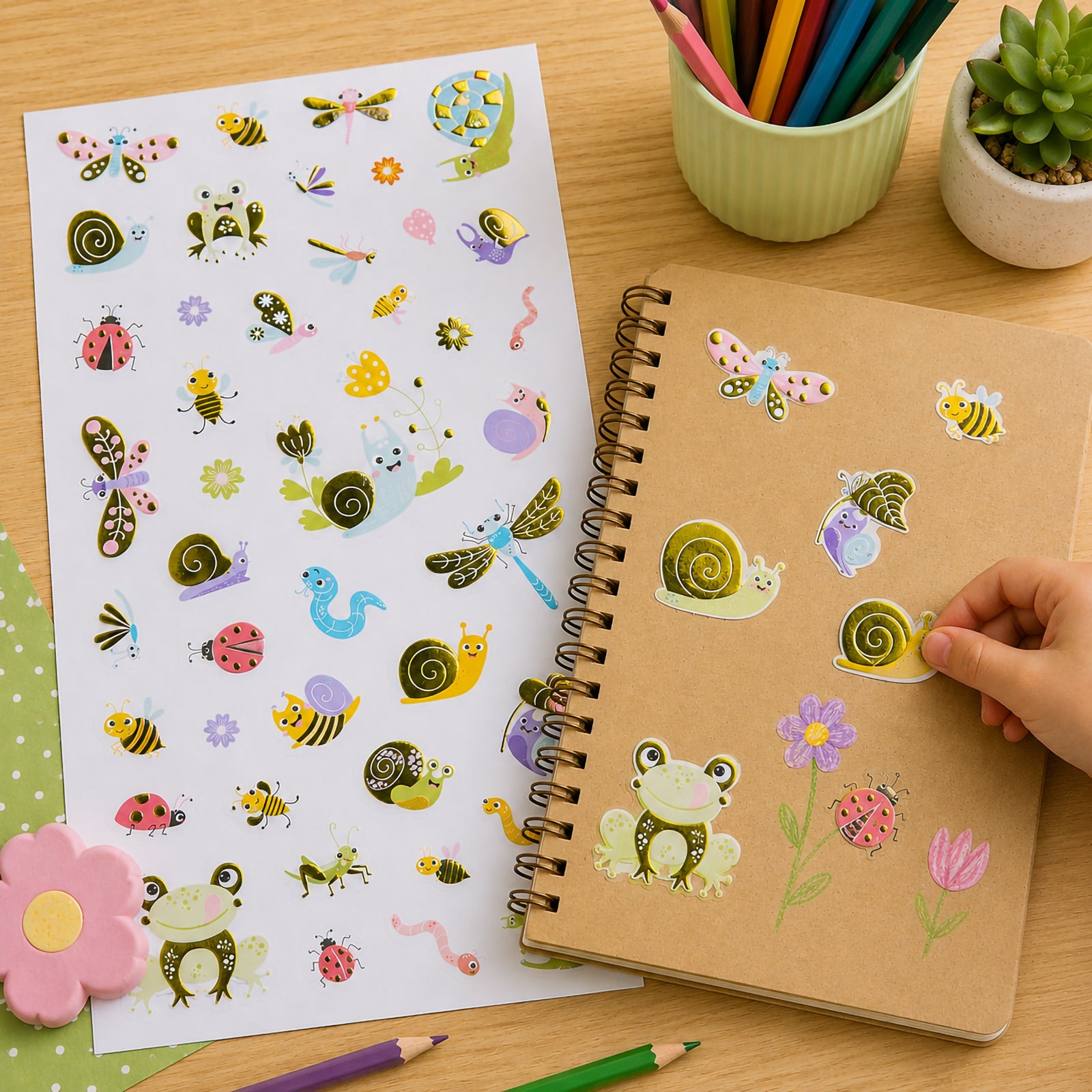 Child decorating a kraft notebook with Creepy Crawly Crew foil stickers featuring colourful snails, frogs, bees, butterflies and garden insects. The sticker sheet is displayed on a wooden desk surrounded by coloured pencils, highlighting the shiny foil accents and cheerful nature themed designs.