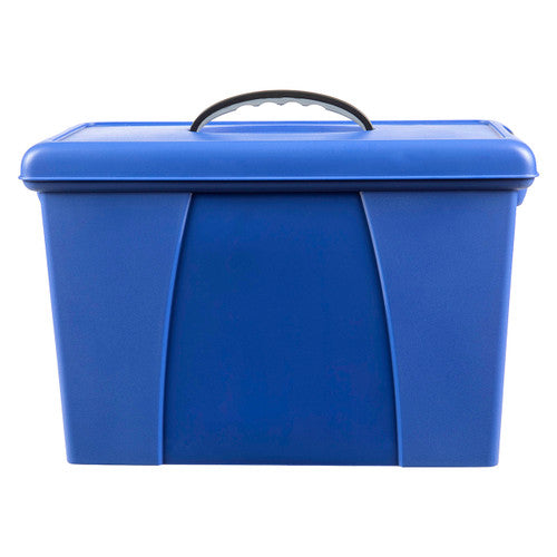 Side profile of Crystalfile Blue Carry Case showing 175mm depth and carry handle