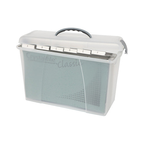 Crystalfile 18L clear carry case with locking lid and carry handle, suitable for foolscap suspension files