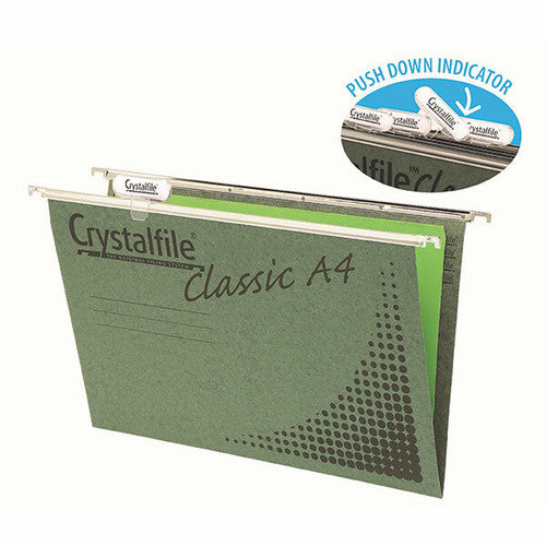 Crystalfile Classic A4 green suspension files pack of 20 with nylon runners and Push Down tabs