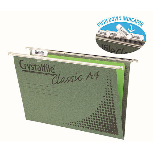 Crystalfile Classic A4 suspension files in green, pack of 50, made from recycled manilla board with nylon runners