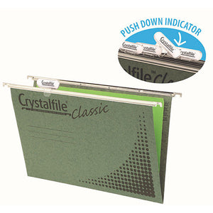 Crystalfile Classic foolscap suspension files in green, pack of 20, with push-down tabs and nylon runners