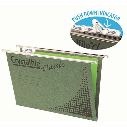 Crystalfile Classic foolscap suspension files in green, pack of 50, with Push Down tabs included