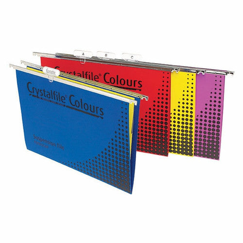 Crystalfile Colours foolscap suspension files in assorted colours, pack of 25, with tabs and inserts