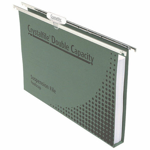 Crystalfile Double Capacity Suspension Files in green, foolscap size, pack of 50, made from 300GSM heavyweight manila board