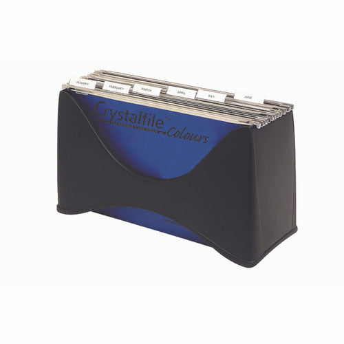 Crystalfile Enviro Desktop Filer in black, front view showing moulded polypropylene construction and open top for foolscap suspension files