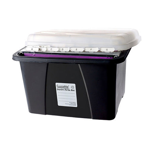 Crystalfile Enviro Porta Box 32L with clear lid and black recycled base, shown stacked and suitable for foolscap suspension files