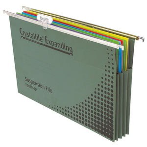 Crystalfile Expanding foolscap suspension files in green, a nested group shown with metal hanging rods, a clear tab on the top edge and coloured papers inside the expanding gusset
